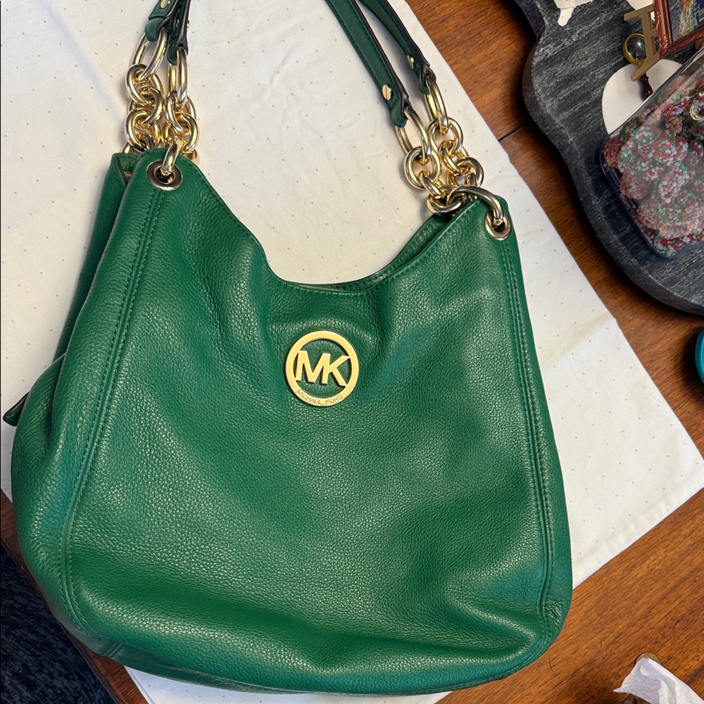 Michael Kors Fulton Kelly Green Shoulder Bag with Gold Accents
